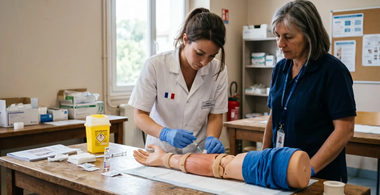Un préparateur en pharmacie s'entraîne à l'injection vaccinale sur un bras de mannequin