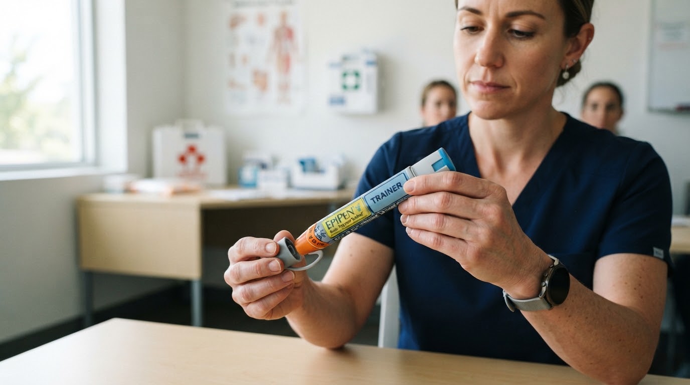 Une préparatrice manipule un auto-injecteur d'adrénaline lors d'un exercice d'anaphylaxie